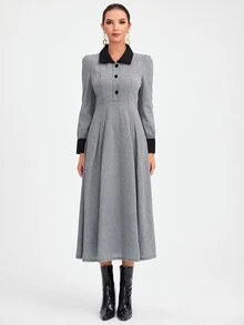 SHEIN Đầm Nút phía trước Khối Màu Thanh lịch - Xám - Xem 3
