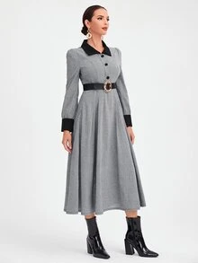 SHEIN Đầm Nút phía trước Khối Màu Thanh lịch - Xám - Xem 4