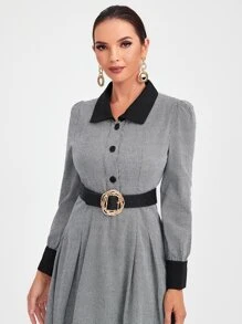 SHEIN Đầm Nút phía trước Khối Màu Thanh lịch - Xám - Xem 5