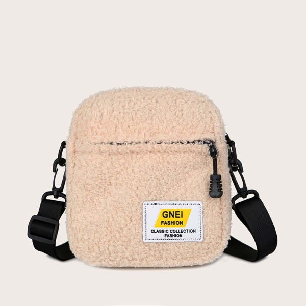 

Fluffy Patch Decor Crossbody Bag, Khaki