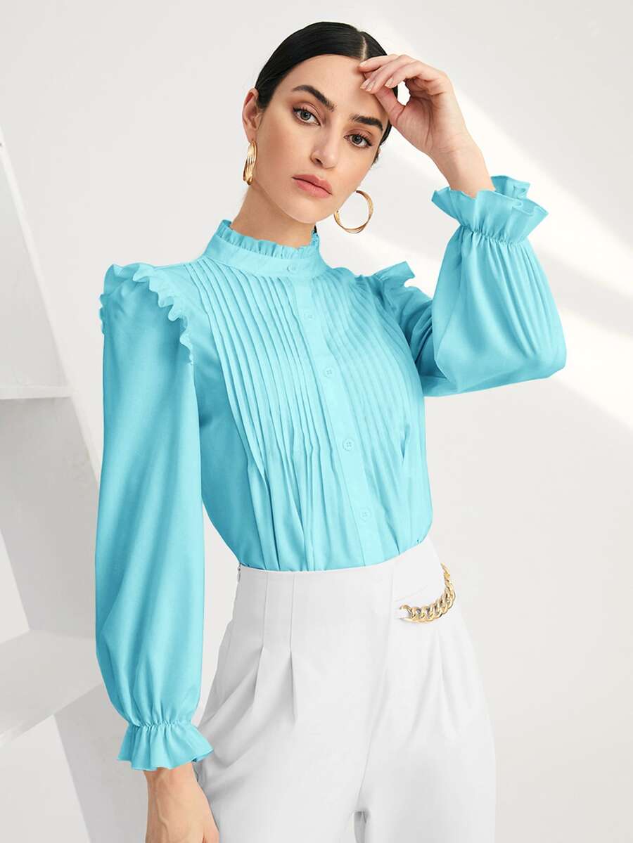 SHEIN BIZwear Solid Pleated Ruffle Trim Blouse - Baby Blue - View 1
