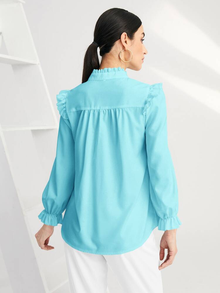 SHEIN BIZwear Solid Pleated Ruffle Trim Blouse - Baby Blue - View 2