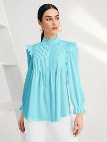 SHEIN BIZwear Solid Pleated Ruffle Trim Blouse - Baby Blue - View 3