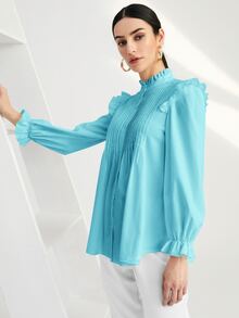 SHEIN BIZwear Solid Pleated Ruffle Trim Blouse - Baby Blue - View 4