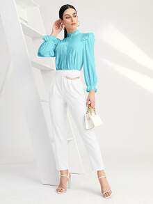 SHEIN BIZwear Solid Pleated Ruffle Trim Blouse - Baby Blue - View 5