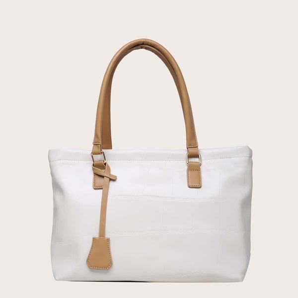 

Two Tone Stone Grain Shoulder Tote Bag, White
