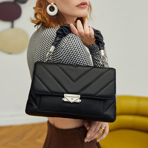 

Chevron Flap Push Lock Shoulder Bag, Black