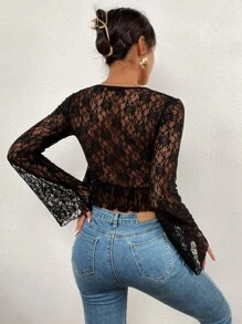 Knot Front Crop Lace Top - Black - View 2