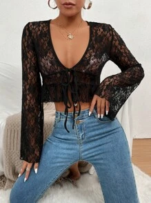Knot Front Crop Lace Top - Black - View 3