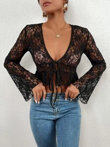 Knot Front Crop Lace Top - Black - View 5