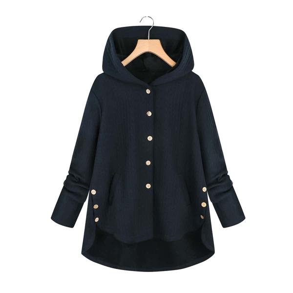 

Plus Single Breasted High Low Hooded Coat, Navy blue