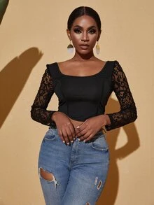 SHEIN SXY Áo thun nữ Lộ Lưng Tương phản ren màu trơn Thanh lịch - màu đen - Xem 3