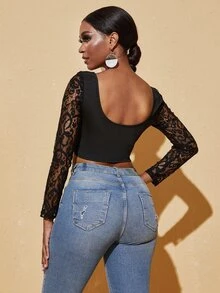 SHEIN SXY Áo thun nữ Lộ Lưng Tương phản ren màu trơn Thanh lịch - màu đen - Xem 2