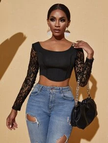 SHEIN SXY Áo thun nữ Lộ Lưng Tương phản ren màu trơn Thanh lịch - màu đen - Xem 4