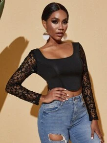 SHEIN SXY Áo thun nữ Lộ Lưng Tương phản ren màu trơn Thanh lịch - màu đen - Xem 1