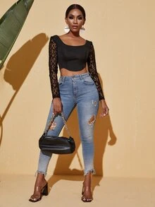 SHEIN SXY Áo thun nữ Lộ Lưng Tương phản ren màu trơn Thanh lịch - màu đen - Xem 5