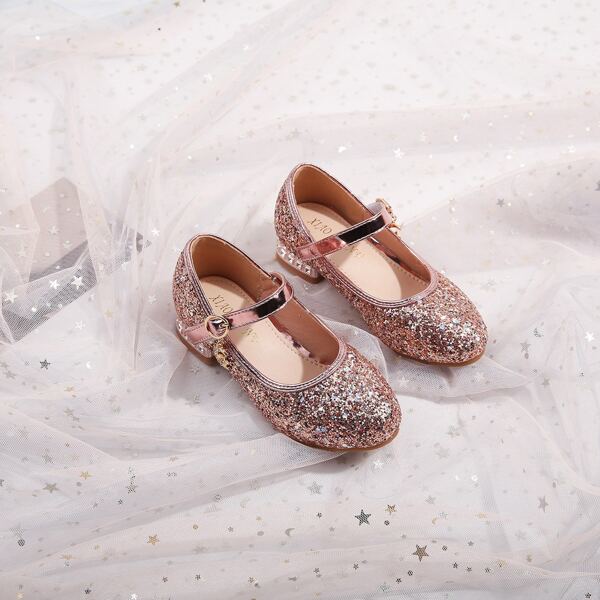 

Girls Rhinestone & Glitter Decor Mary Jane Flats, Champagne