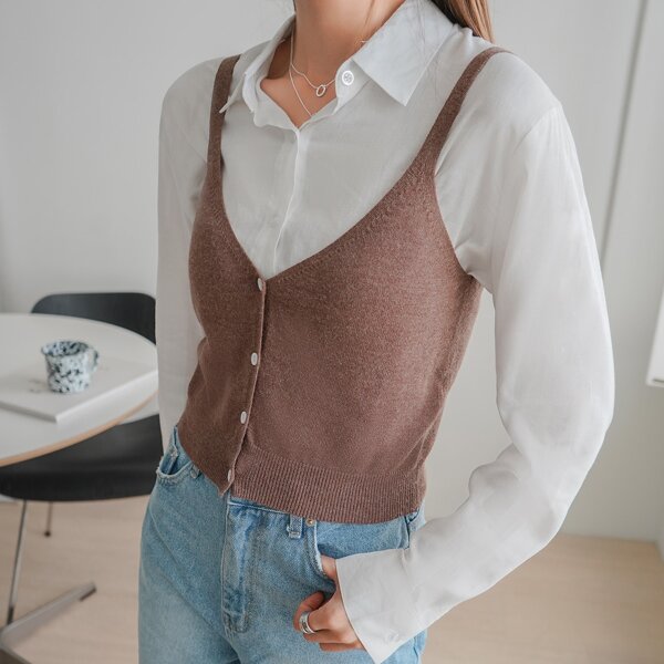 

Single Breasted Knit Cami Top Without Blouse, Coffee brown