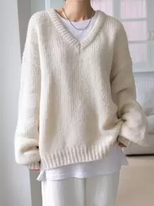 DAZY Solid V-neck Drop Shoulder Jumper - Beige - View 1