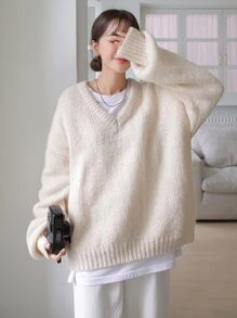 DAZY Solid V-neck Drop Shoulder Jumper - Beige - View 3