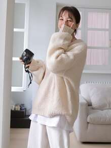 DAZY Solid V-neck Drop Shoulder Jumper - Beige - View 6