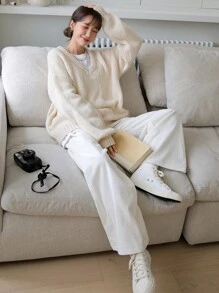 DAZY Solid V-neck Drop Shoulder Jumper - Beige - View 7