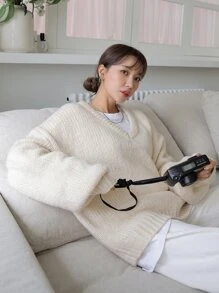 DAZY Solid V-neck Drop Shoulder Jumper - Beige - View 8