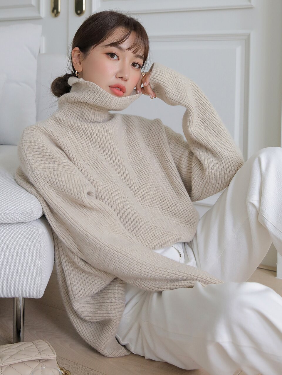 Solid Turtleneck Drop Shoulder Sweater