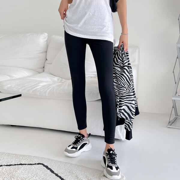 

Solid Wide Waistband Leggings, Black
