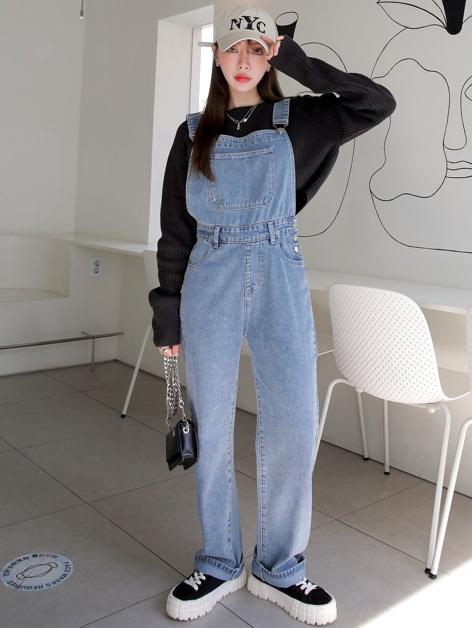 Light Wash Patched Pocket Denim Overalls