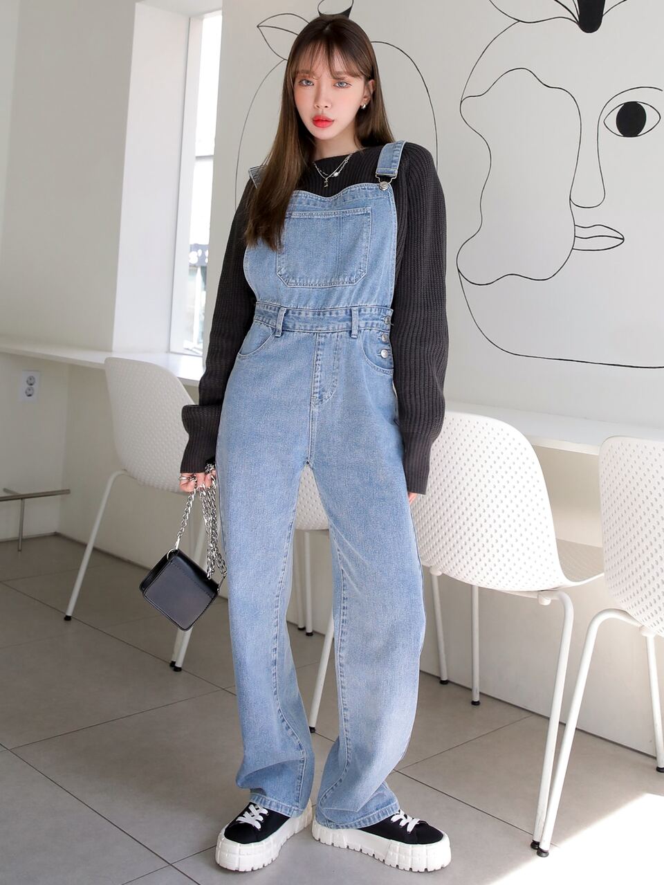 Light Wash Patched Pocket Denim Overalls