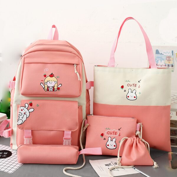 

5pcs Girls Cartoon Graphic School Bag Set, Pink