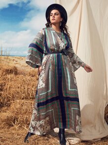 Modelyn 大碼佩斯利絲巾圖案荷葉袖繫腰帶洋裝