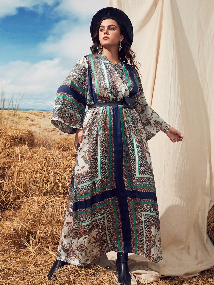 Modelyn 大碼佩斯利絲巾圖案荷葉袖繫腰帶洋裝