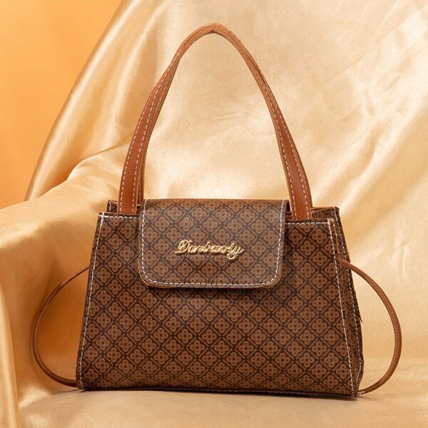 

Metal Letter Decor Geo Graphic Satchel Bag, Coffee brown