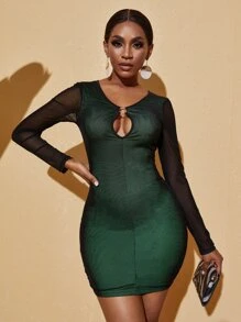 SHEIN SXY Contrast Mesh O-ring Cut Out Bodycon Dress - Dark Green - View 5