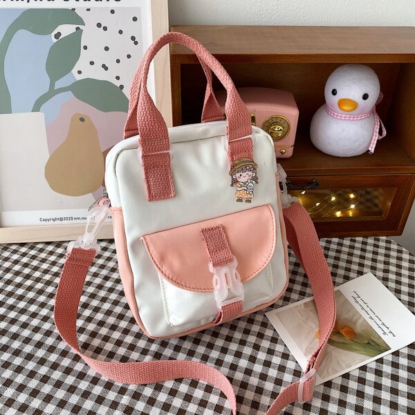 

Girls Cartoon Decor Two Tone Satchel Bag, Pink