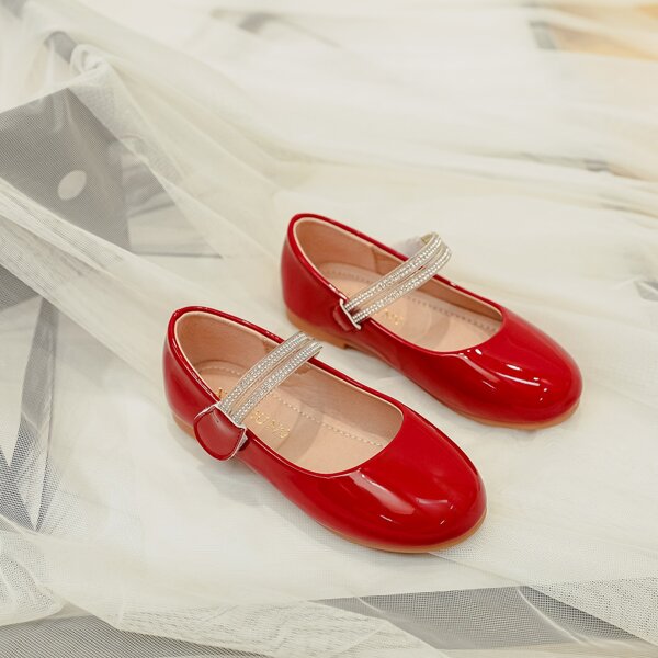 

Girls Rhinestone Decor Velcro Strap Flats, Red