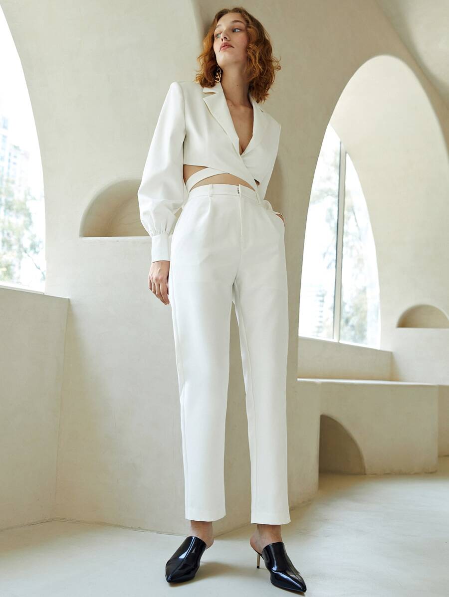 SHEIN Pantalones a medida de talle alto unicolor - Blanco - Ver 1