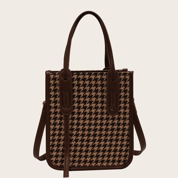 

Large Capacity Houndstooth Pattern Square Bag, Coffee brown
