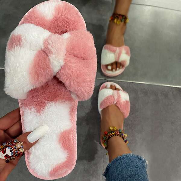 

Two Tone Bow Decor Fluffy Home Slippers, Pink