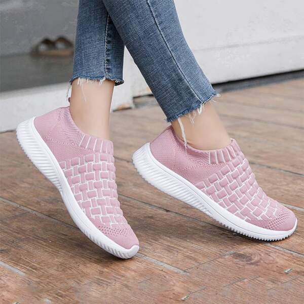 

Knit Detail Graphic Slip On Shoes, Pink