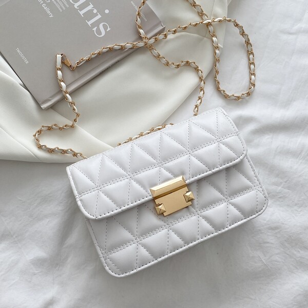 

Girls Minimalist Quilted Flap Square Bag, White