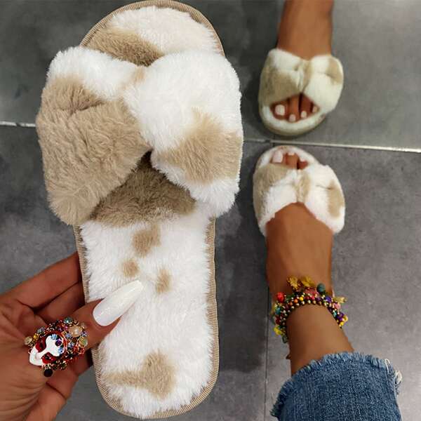 

Two Tone Bow Decor Fluffy Home Slippers, Coffee brown