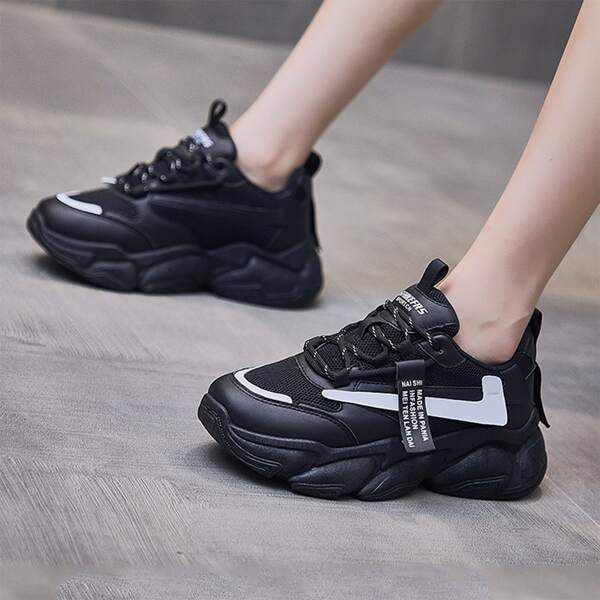 

Ribbon Decor Breathable Chunky Sneakers, Black