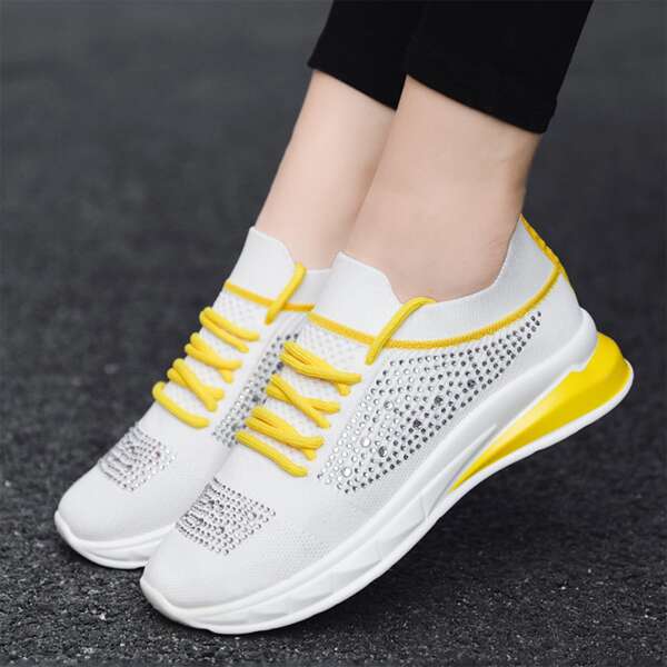

Rhinestone Decor Lace-up Front Running Shoes, White