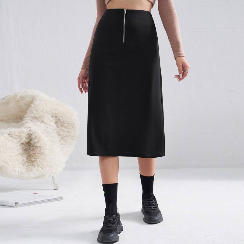 

High Waist Zip Up Straight Skirt, Black