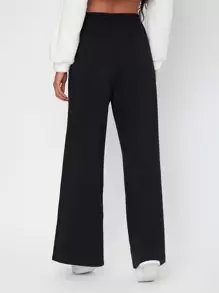 SHEIN Tall 素色腰部抽繩闊腿衛褲 - 黑色 - 查看 2