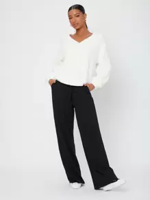 SHEIN Tall 素色腰部抽繩闊腿衛褲 - 黑色 - 查看 4