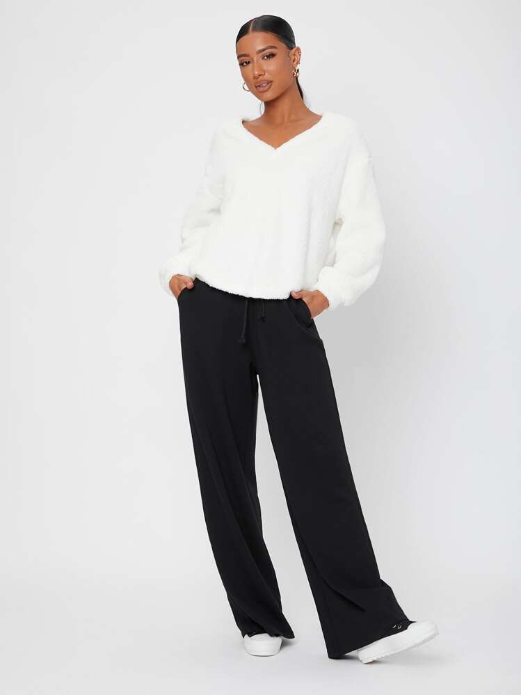 SHEIN Tall 素色腰部抽繩闊腿衛褲 - 黑色 - 查看 4